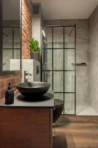 a bathroom with a bowl sink and a shower at Loft in Szczecin