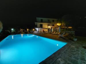 a swimming pool lit up blue at night at Villa Malandrino Guest House in Agropoli