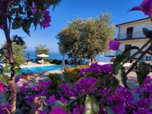 a garden with purple flowers and a swimming pool at Villa Malandrino Guest House in Agropoli