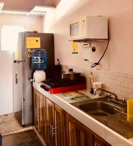eine Küche mit einer Spüle und einem Kühlschrank in der Unterkunft Hostal Tres Central in Tuxtla Gutiérrez