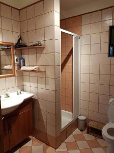 ein Bad mit einer Dusche, einem Waschbecken und einem WC in der Unterkunft ZöldPortál Vendégház Tiszanána -Dinnyéshát 