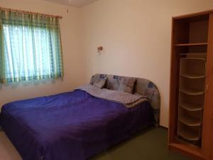 ein Schlafzimmer mit einem Bett mit violetter Bettwäsche und einem Fenster in der Unterkunft ZöldPortál Vendégház Tiszanána -Dinnyéshát 