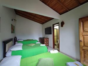 Habitación con 3 camas verdes y TV. en Hotel Monte verde, en Salento