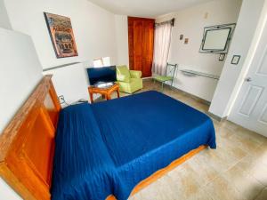 a bedroom with a blue bed and a chair at Hospedaje Del Campanero 19 in Guanajuato