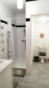 a white bathroom with a shower and a toilet at L'Embellie in Quintin