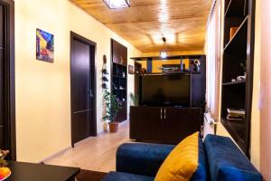 My Home in Tsinandali في Tsinandali: غرفة معيشة مع أريكة زرقاء وتلفزيون