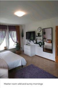 1 dormitorio con 1 cama, TV y espejo en Cozy 4-bedroom villa free parking big garden ++, 