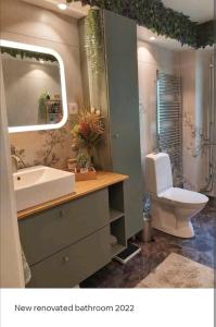 bagno con lavandino, servizi igienici e specchio di Cozy 4-bedroom villa free parking big garden ++ 