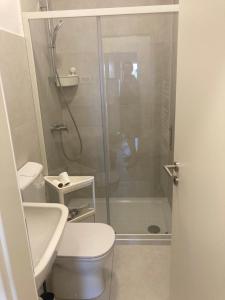 La salle de bains est pourvue d'une douche, de toilettes et d'un lavabo. dans l'établissement Bellevue 1, à Izola