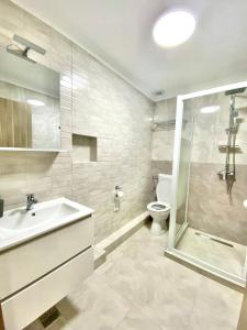 La salle de bains est pourvue de toilettes, d'un lavabo et d'une douche. dans l'établissement Alpin House Colibita, à Colibiţa