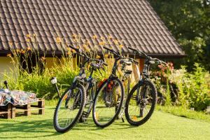 two bikes parked next to each other on the grass at Brzozowy Zagajnik MK - Prywatny Domek, Relaks, Mini Golf i Natura in Brzozowa