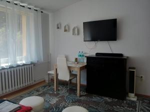 a living room with a table and a flat screen tv at ROMANOWKA in Reda +7 photos