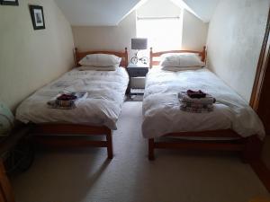 two twin beds in a room with a window at Berwick Hall Cottage in Moira