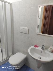 ein Badezimmer mit einem Waschbecken, einem WC und einem Spiegel in der Unterkunft Casa Maremonti vicino Cefalu in Campofelice di Roccella
