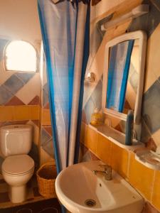 La salle de bains est pourvue de toilettes, d'un lavabo et d'un miroir. dans l'établissement Hôtel panoramique de la vallée, à Aït Idaïr