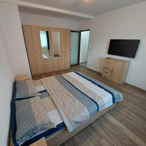 a bedroom with a large bed and a television at Apartament AntoniaS in Făgăraş