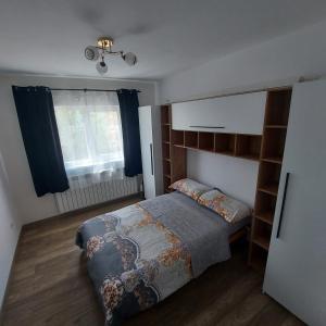 ein Schlafzimmer mit einem Bett und einem Bücherregal in der Unterkunft Apartament AntoniaS in Făgăraş