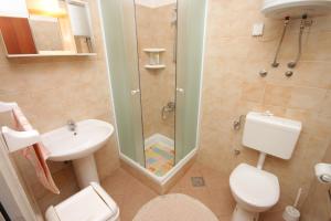 y baño con aseo, lavabo y ducha. en Apartments and rooms with parking space Icici, Opatija - 7881, en Ičići