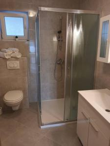 a bathroom with a shower and a toilet and a sink at Apartments by the sea Supetarska Draga - Gornja, Rab - 2016 in Supetarska Draga