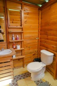 La salle de bains est pourvue de toilettes et d'un lavabo. dans l'établissement EL GALLO ECOLODGE, à San Felipe de Puerto Plata