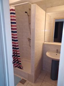 uma casa de banho com um chuveiro e um lavatório. em Apartments Mari - 40 m from sea em Krilo
