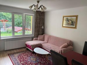 een woonkamer met een bank en een raam bij Villa Rosa in Krayni Dol