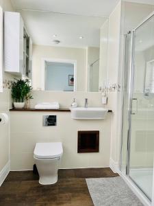 y baño con aseo, lavabo y ducha. en My Chester Luxury Home en Colchester