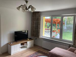 een woonkamer met een flatscreen-tv en een raam bij Villa Rosa in Krayni Dol