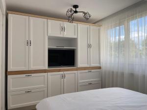 um quarto com armários brancos, uma televisão e uma cama em Chic Studio Maramures em Vişeu de Sus