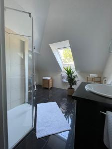 a bathroom with a glass shower and a sink at Ferien im Karlstal in Haigerloch