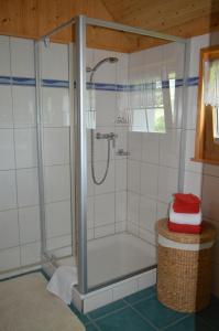 a shower with a glass door in a bathroom at BnB-Blomberg in Ebnat