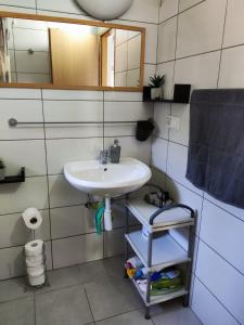 ein Bad mit einem Waschbecken und einem Spiegel in der Unterkunft ViVa 1 Rovinj in Rovinj
