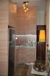 La cuisine est équipée d'armoires en bois et d'un réfrigérateur en acier inoxydable. dans l'établissement kynosargous square's apartment, à Athènes