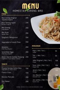 a menu for a restaurant with a plate of food at Homestay Lereng Bromo in Bromo