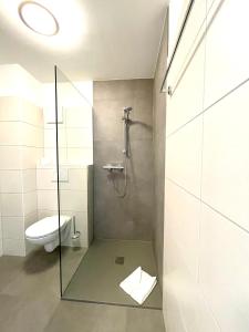 ein Bad mit einer Dusche, einem WC und einer Glastür in der Unterkunft Motel XL Lounge in Traisen