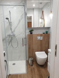 a bathroom with a shower and a toilet at Apartament Margot - Centrum in Tarnów