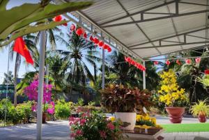 un centro ajardinado con flores y plantas y linternas rojas en Nhà nghỉ Trúc Mây, en Ben Tre