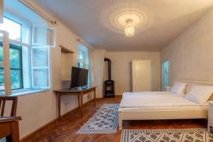 1 dormitorio con 1 cama, TV y ventanas en Casa La Strada, en Sighişoara