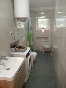 a bathroom with a sink and a toilet and a stove at Owl NEST, Homestay Rooms in Knin