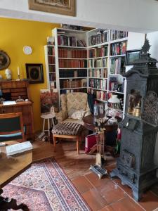 ein Wohnzimmer mit einer Bibliothek mit Bücherregalen in der Unterkunft B&B DRESSINGS TRAUMGARTEN in Kaiserslautern