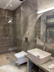 La salle de bains est pourvue d'un lavabo, de toilettes et d'une douche. dans l'établissement 11 Luxury Apartments.., à Metsovo