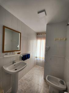 een badkamer met een wastafel, een toilet en een spiegel bij Hostal Las Dunas in El Cabo de Gata