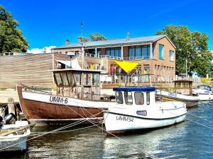 three boats are docked in front of a house at Apt "Sunset Lounge" in Waase - Ummanz - Meerblick, Kamin, Sauna in Mursewiek