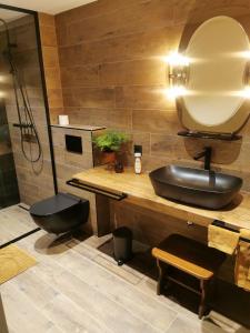 bagno con lavandino nero e doccia di La Villa du Pré Du Cerf a Spa