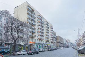 eine Stadtstraße mit parkenden Autos und Gebäuden in der Unterkunft Cozy apartments near Olympic Stadium in Kiew