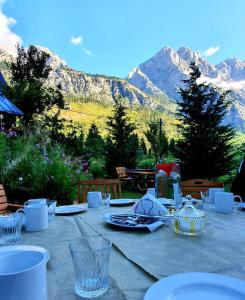 a picnic table with a view of a mountain at Guesthouse Demushi in Valbonë