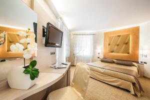 a room with a bed and a desk and a tv at Hotel Trettenero in Recoaro Terme