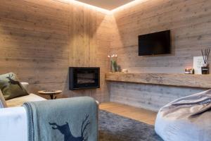 a living room with a fireplace and a tv at Suite Mia in Falcade