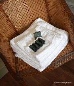 Un montón de pastillas negras sobre una toalla blanca en una silla. en Domaine de la Briouse, en Sanxay