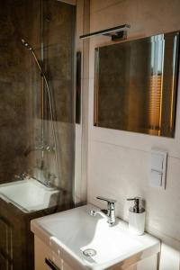 a bathroom with a sink and a shower at Domki przy Alei in Krasnobród +28 photos